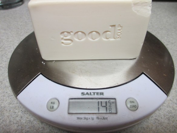 I weighed a bar of soap to figure out how much water I would need. I used 3 bars of soap, so approximately 45 ounces of soap. Rather than using 540 ounces of water, I started with a gallon of water and rolled the dice. Actually, my math was bad and I estimated a gallon and a half of water forgetting about the other two bars LOL